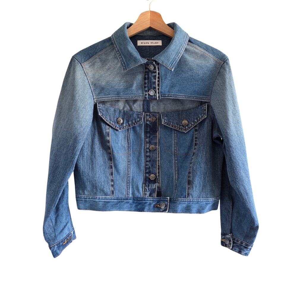 Armata Studio Upcycled Cropped Denim Jean Jacket With Chest Cutout XS